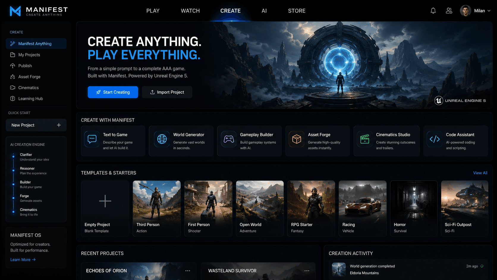 Manifest Anything creation interface — describing a game in natural language